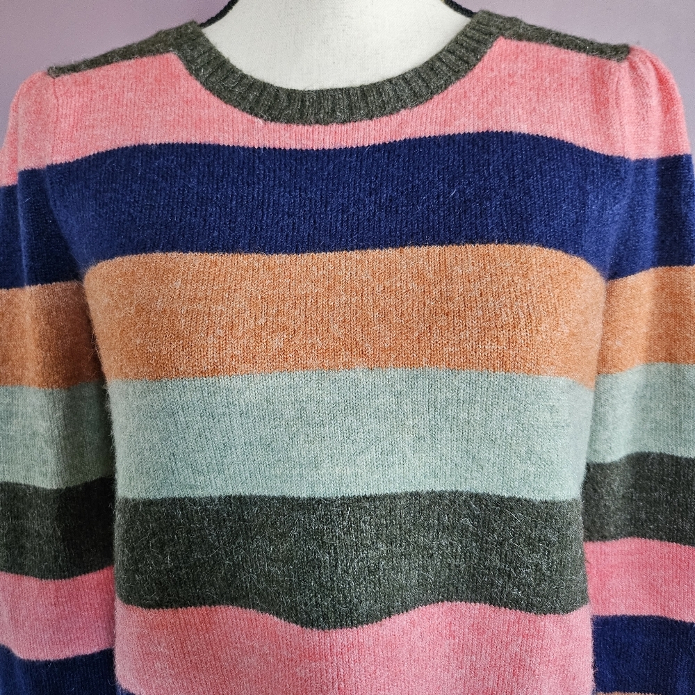Talbots Multicolor Bold Stripe Acrylic Blend Puff Shoulder Crew Neck Sweater - Picture 3 of 8